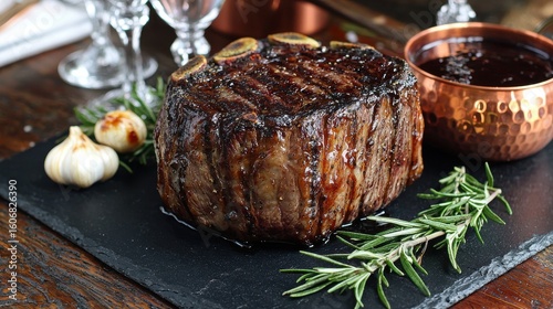 Elegant chateaubriand platter featuring thick-cut beef filet with caramelized crust on dark slate surface, accompanied by rosemary sprigs, garlic bulbs, and rich sauce in copper vessel