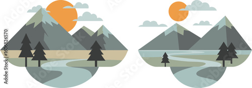 Flat design mountain landscape with river and trees under orange sun and clouds nature illustration
