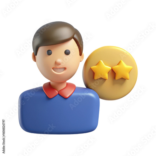 Friendly cartoon man with two golden stars representing a good customer review or rating isolated on transparent background