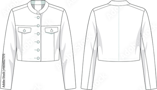 Cropped jacket fashion template with mandarin collar, flap chest pockets, five-button closure, flat sketch front and back CAD illustration