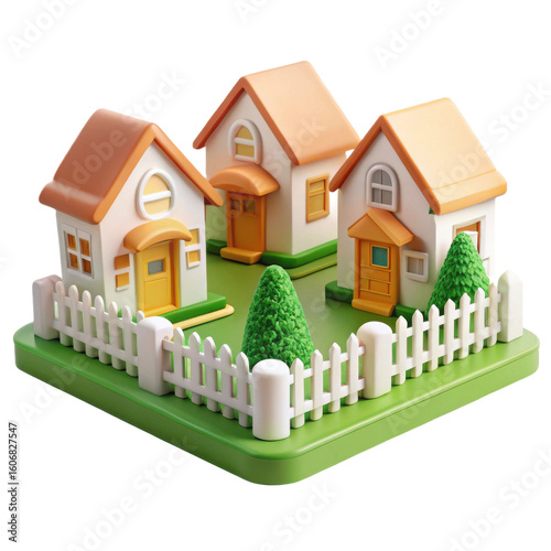 Charming miniature suburban neighborhood with three quaint houses and white picket fence isolated on transparent background