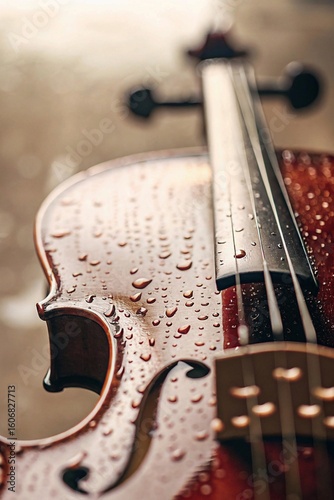 Rain-Drenched Violin with Water Droplets on Dark Moody Background