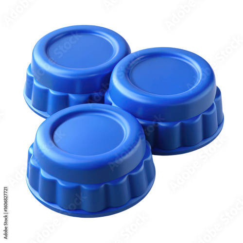 Three bright blue plastic bottle caps with textured sides arranged closely together on a transparent background isolated on transparent background