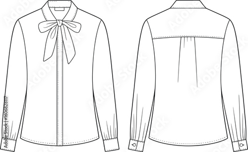 Long-sleeve blouse vector template with bow tie collar, button-down front, pleated back yoke, front and back CAD drawing flat vector illustration