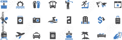 Travel and Cruise Icon Set – Tourism, Vacation, Cruise, Travel, Beach, Jet Ski, Adventure, Ocean, Water, Resort, Summer, Boat, Explore, Trip, Transport, Sea, Leisure, Ride

