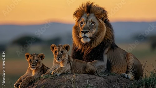 Majestic lion rests with two playful cubs during sunset in the savannah