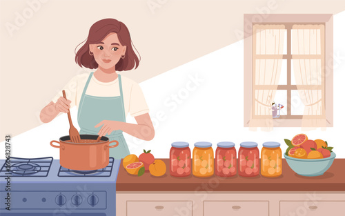 Flat style illustration of a young woman making homemade fruit jam in her cozy kitchen.