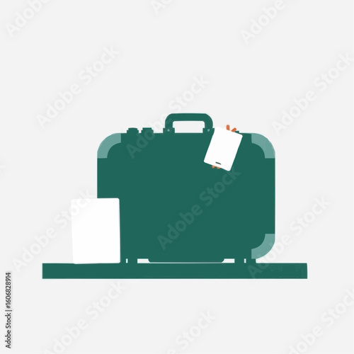 Green suitcase with travel tags on a white background  