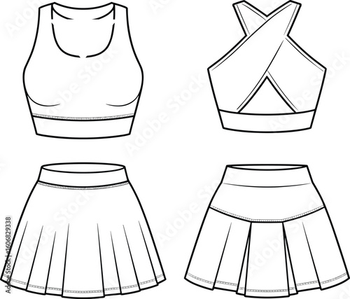 Sleeveless crop tops and pleated skirts CAD template with round neckline, crisscross back, waistband detail, technical fashion sketch