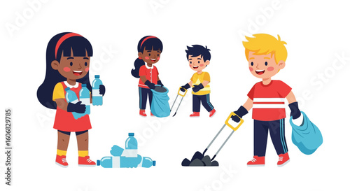 children picking up litter and recycling plastic bottles