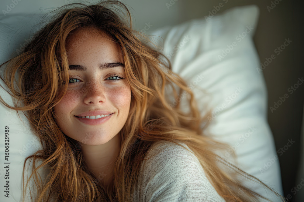 Fototapeta premium Relaxed Young Woman Experiencing a Peaceful Stay in Hotel