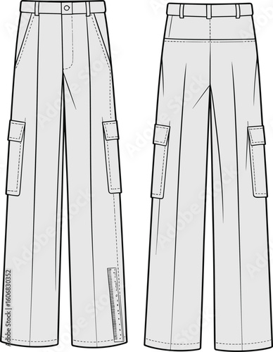 Wide-leg cargo pants template with belt loops, flap thigh pockets, back buttoned pockets, stitching details, front and back views