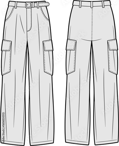 Vector cargo pants mockup in beige, white, and light gray colors with drawstring waist, flap thigh pockets, elastic