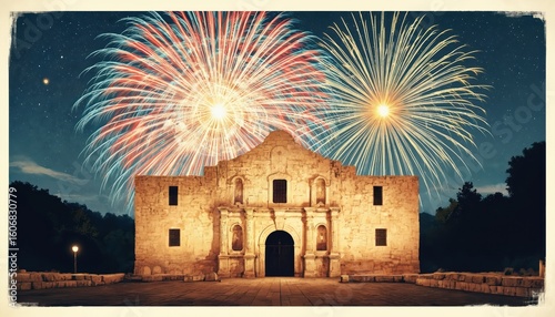 Texas independence grand celebration at Alamo. Vintage illustration with fireworks, star, tree, lake. Iconic landmark with red brick roof, stone facade, archway. Night scene with dark blue sky,