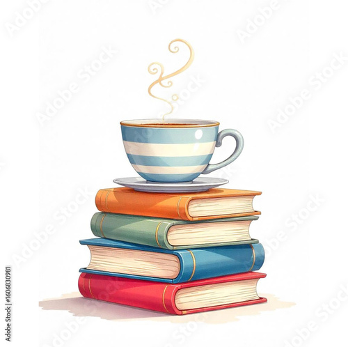 
A cup of steaming coffee on books