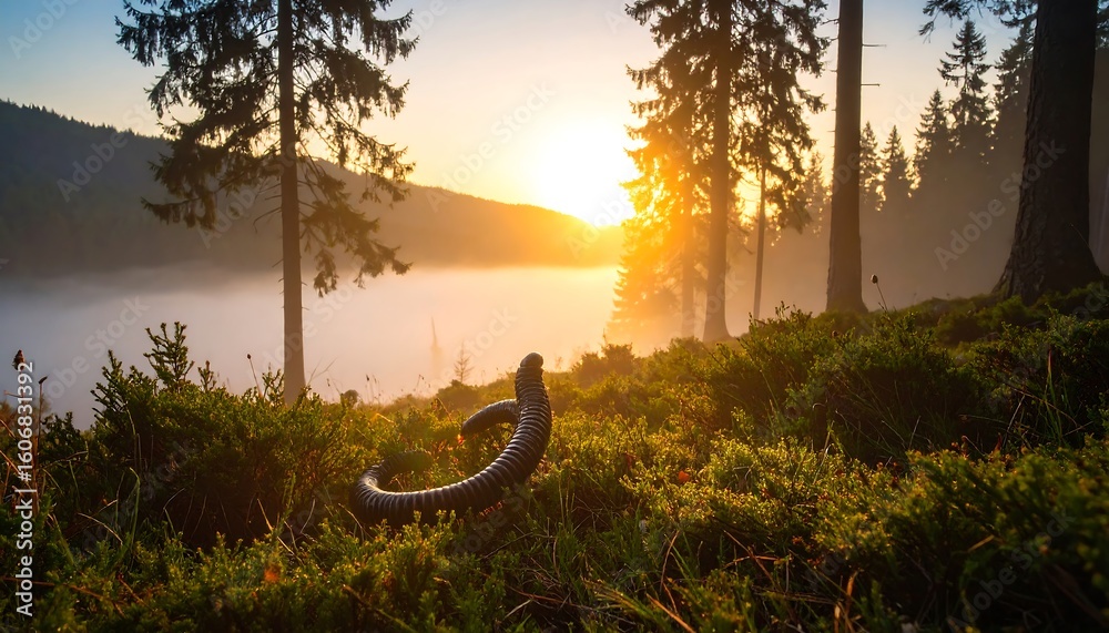 Obraz premium Sunrise in a misty forest, with a curled worm