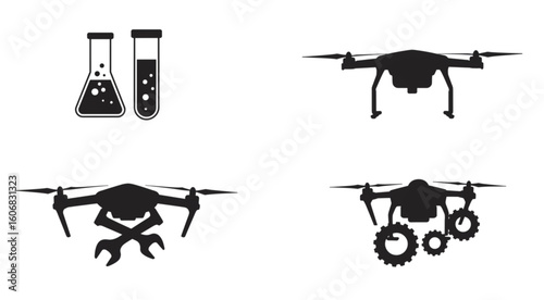 Illustration showing drones with tools and gears along with laboratory beakers and test tubes set