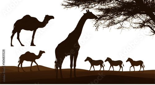 Silhouette of camels giraffe and zebras standing in a desert landscape with a tree on a white background