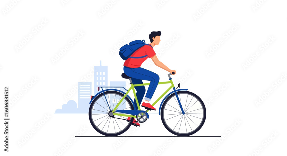 Fototapeta premium man with backpack riding bicycle, city background