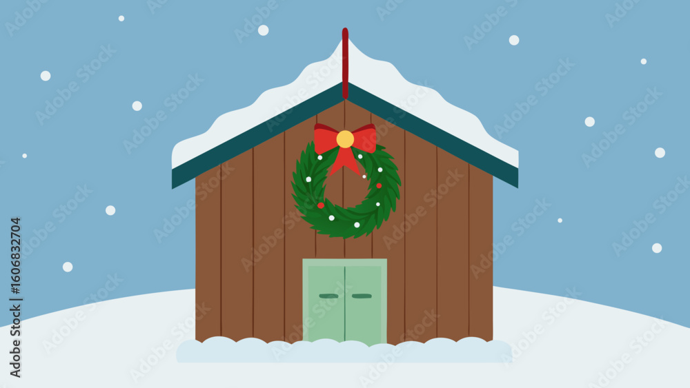 Naklejka premium christmas wreath hanging old wooden barn snow