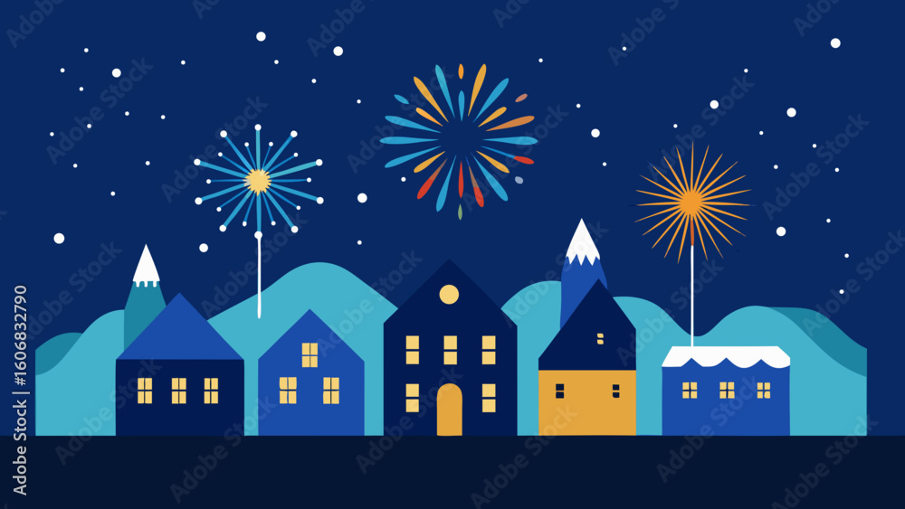 Fototapeta premium fireworks winter village new year eve
