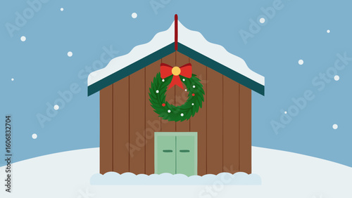 christmas wreath hanging old wooden barn snow