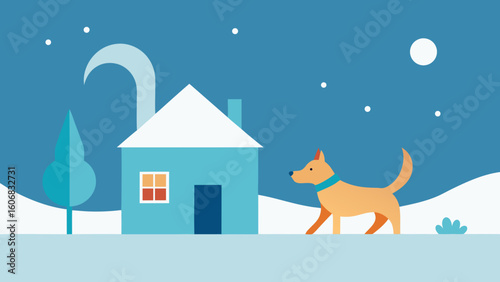dog playing snow decorated home winter
