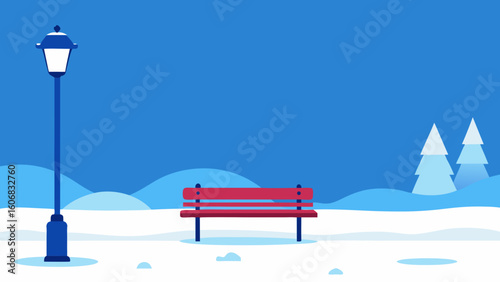 empty snowy park bench lamp post