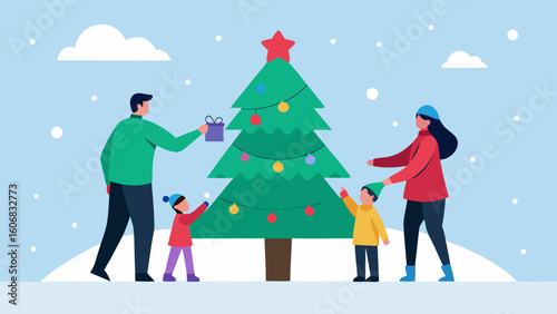 family decorating christmas tree snow