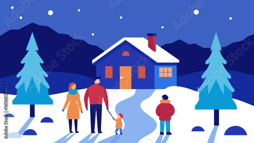family arriving snowy cabin holidays