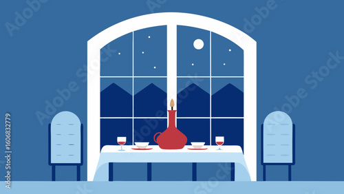 festive dinner table frosted house window