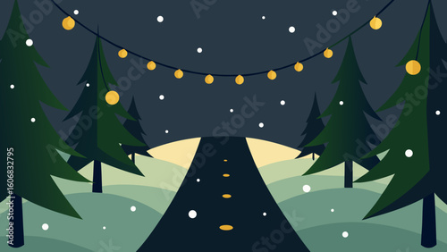 forest path fairy lights snowflakes fall