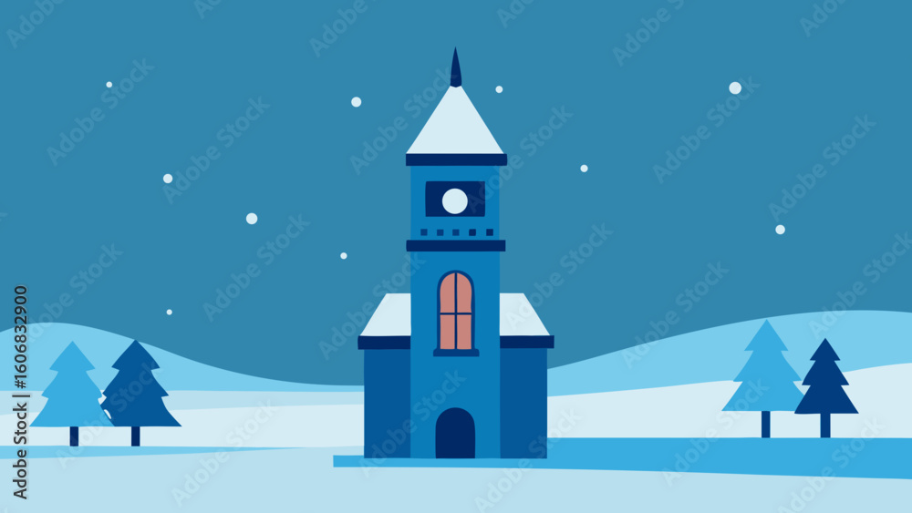 Fototapeta premium Old town clock tower snow covered square