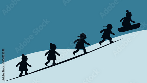 silhouettes of children sledding down snowy hill