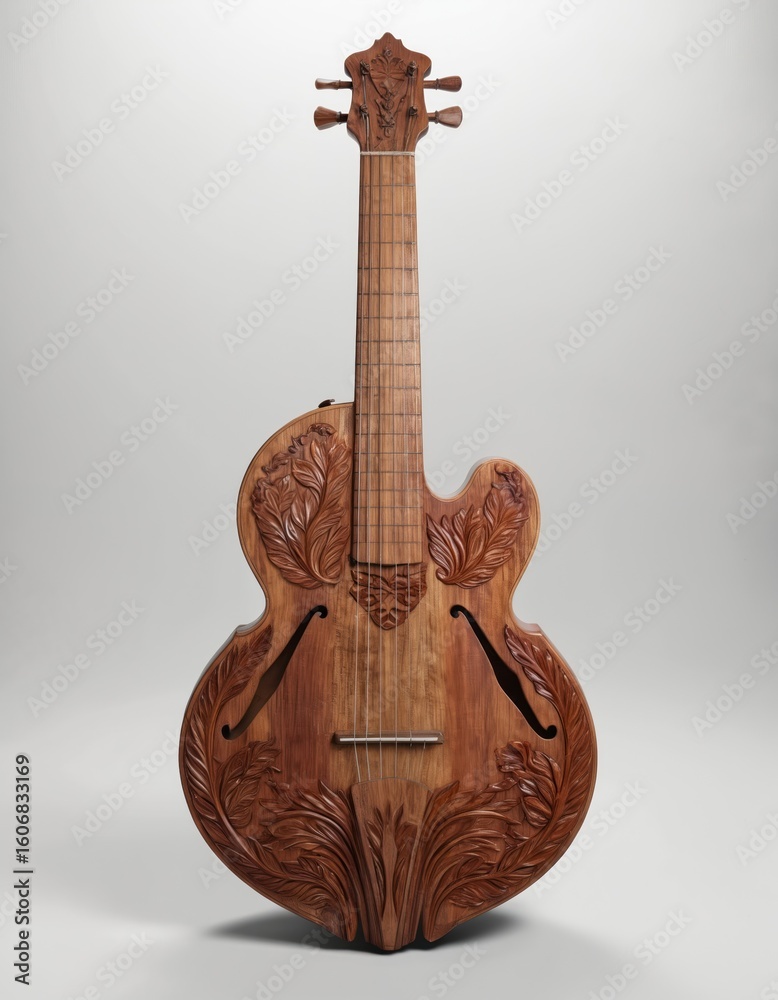 Naklejka premium Wooden guitar crafted in traditional style with intricate carvings, floral patterns. Brown hue, half-round body, neck, strings extending from circular body, ornate woodwork on stringed instrument.
