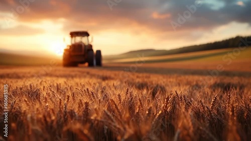 Sunset over golden wheat fields with tractor working in the rural landscape