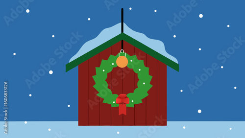 christmas wreath hanging old wooden barn snow
