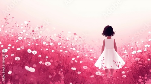 cute little girl in flowerfield in spring illustration