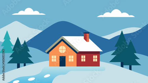 cozy cottage snow covered hills winter