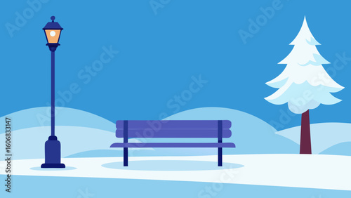 empty snowy park bench lamp post