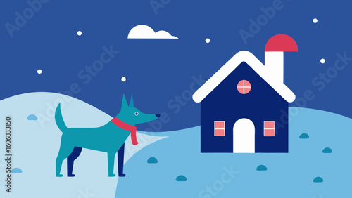 dog playing snow decorated home winter