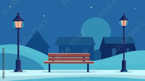empty park bench snowy village lantern light