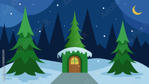 elf workshop snowy pine forest