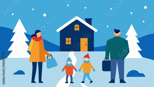 family arriving snowy cabin holidays
