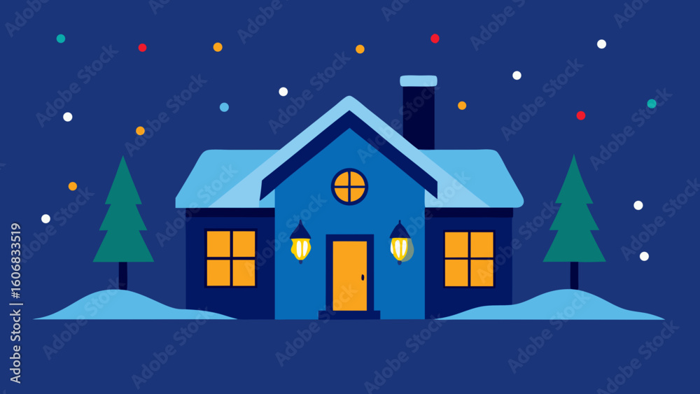 Fototapeta premium suburban house with christmas lights glowing in snow