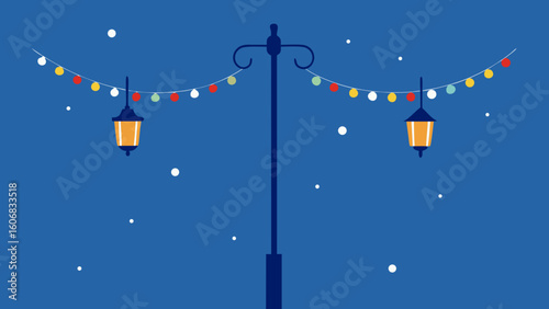 streetlight with snow and holiday garland