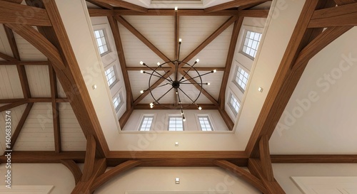 High Ceiling with Exposed Wooden Beams and Chandelier