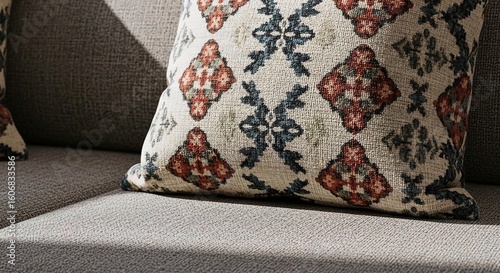 Patterned Throw Pillow on Textured Sofa