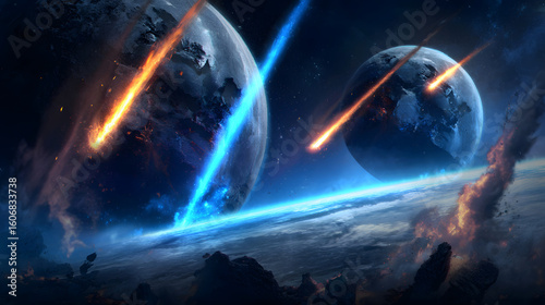 A massive asteroid in space with blue laser beams and glowing lights, depicting a futuristic cosmic scene with sci-fi elements and high-tech energy visuals.
