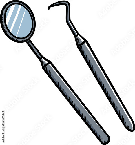 Dental tools including mirror and pick for oral examination  